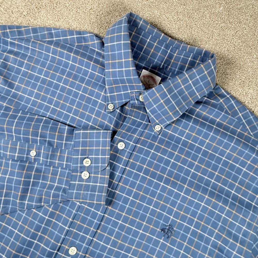 Brooks Brothers Shirt Mens Large Blue Plaid Supima Cotton Non-Iron 346